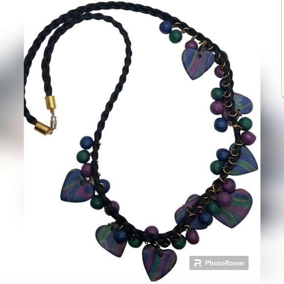 VINTAGE CLAY HEART PENDANTS & BEADS CORD STYLE NECKLACE - Picture 3 of 6
